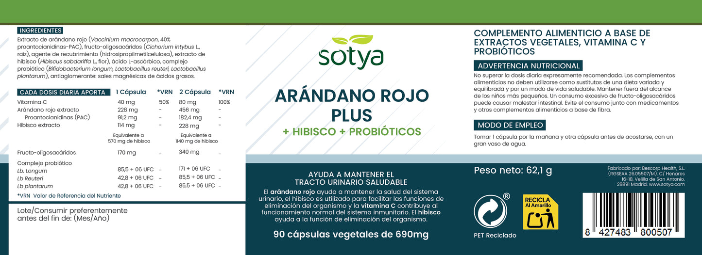 Arándano Rojo + Hibisco + Probióticos 90 cápsulas vegetales de 690mg