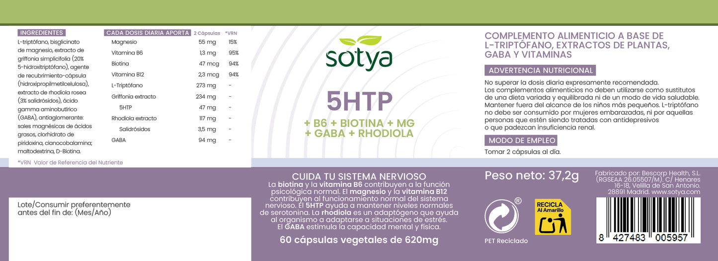 5HTP + B6 + Biotina + Mg + Gaba + Rhodiola 60 cápsulas vegetales de 620mg