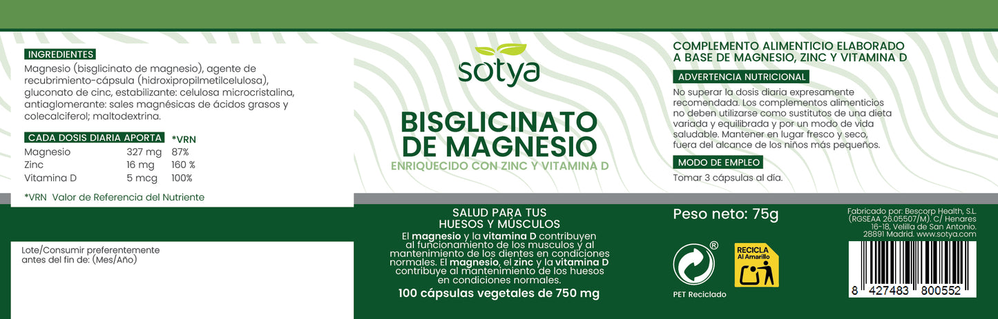 Bisglicinato de Magnesio Enriquecido con zinc y vitamina D 100 cápsulas vegetales de 750mg