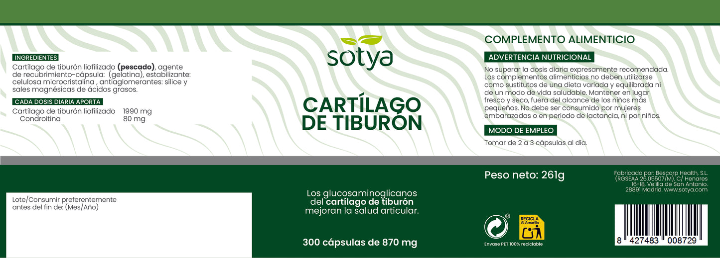 Cartílago de Tiburón 300 cápsulas de 870mg