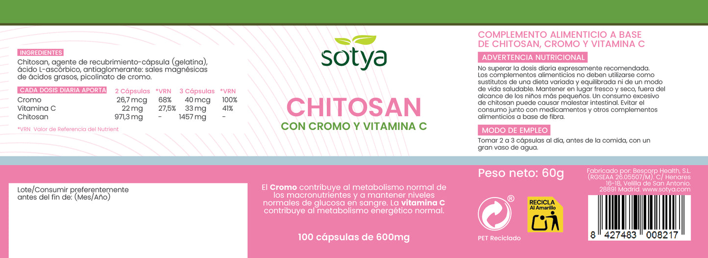 Chitosan con cromo y vitamina C 100 cápsulas de 600mg