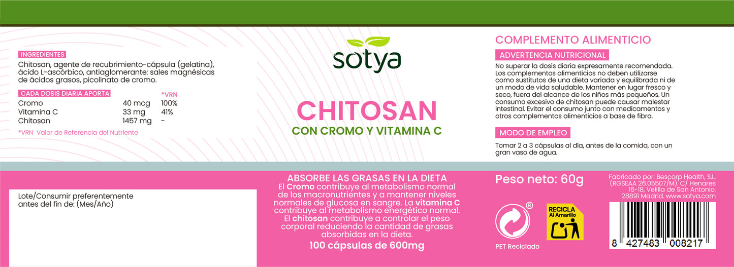 Chitosan con cromo y vitamina C 100 cápsulas de 600mg