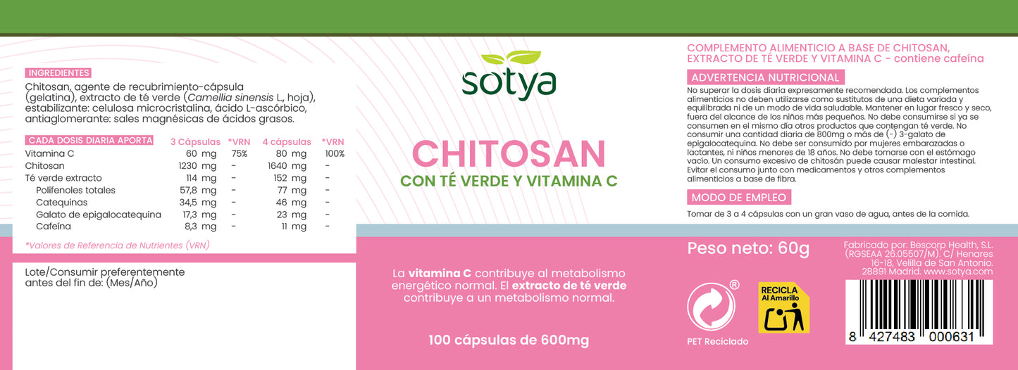 Chitosán con Té Verde y Vitamina C 100 cápsulas de 600mg