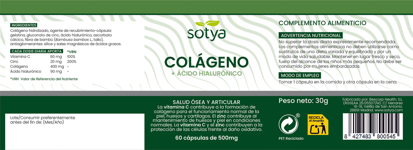 Colágeno + Ácido hialurónico 60 cápsulas de 500mg
