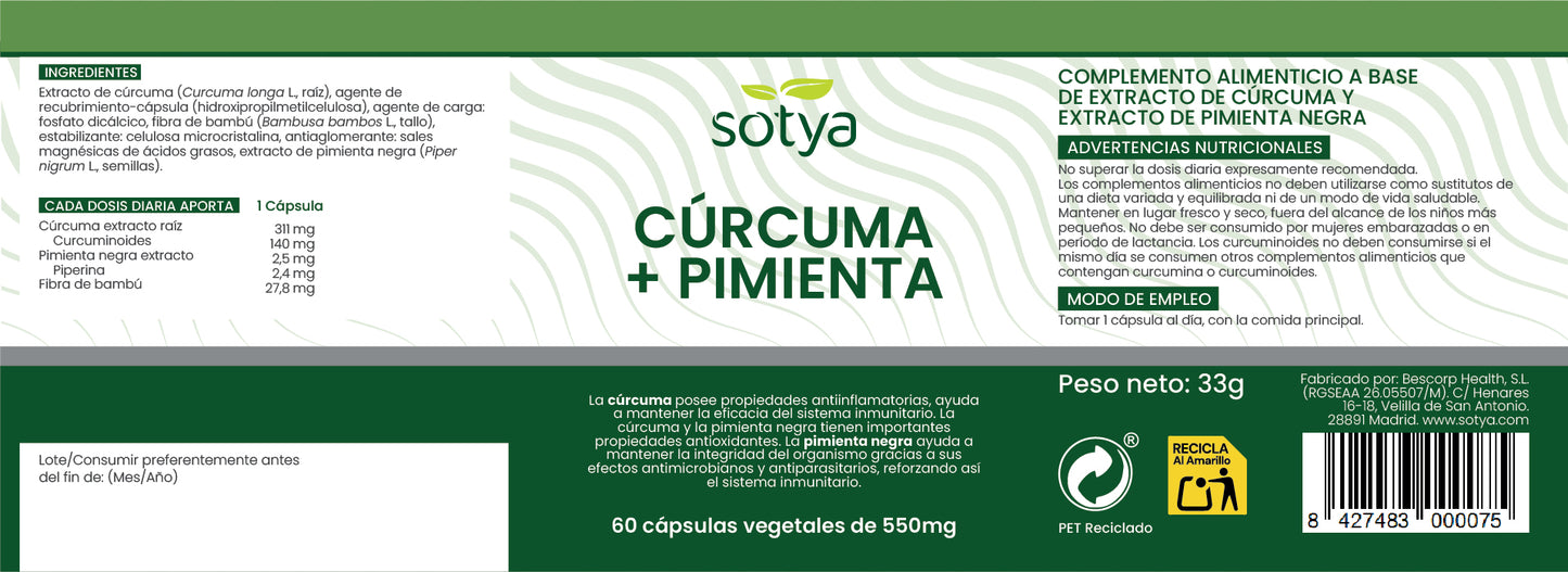 Curcuma + Pimienta 550mg 60 cápsulas vegetales