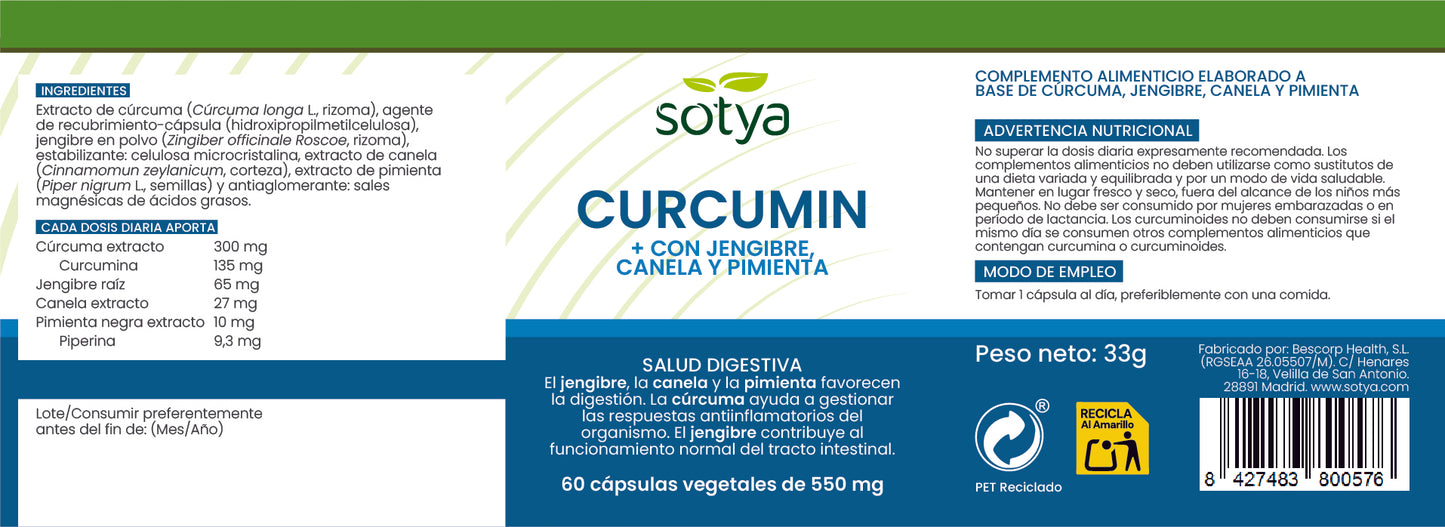 CURCUMIN+ con Jengibre, Canela y Pimienta 60 cápsulas vegetales de 550mg
