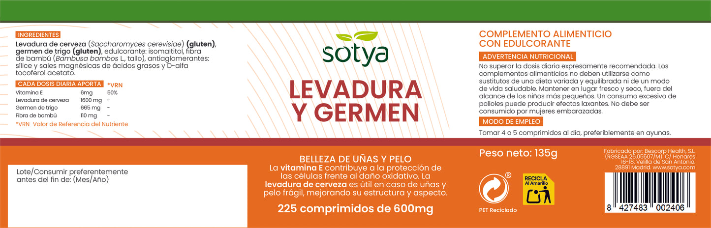 Levadura y Germen 225 comprimidos de 600mg