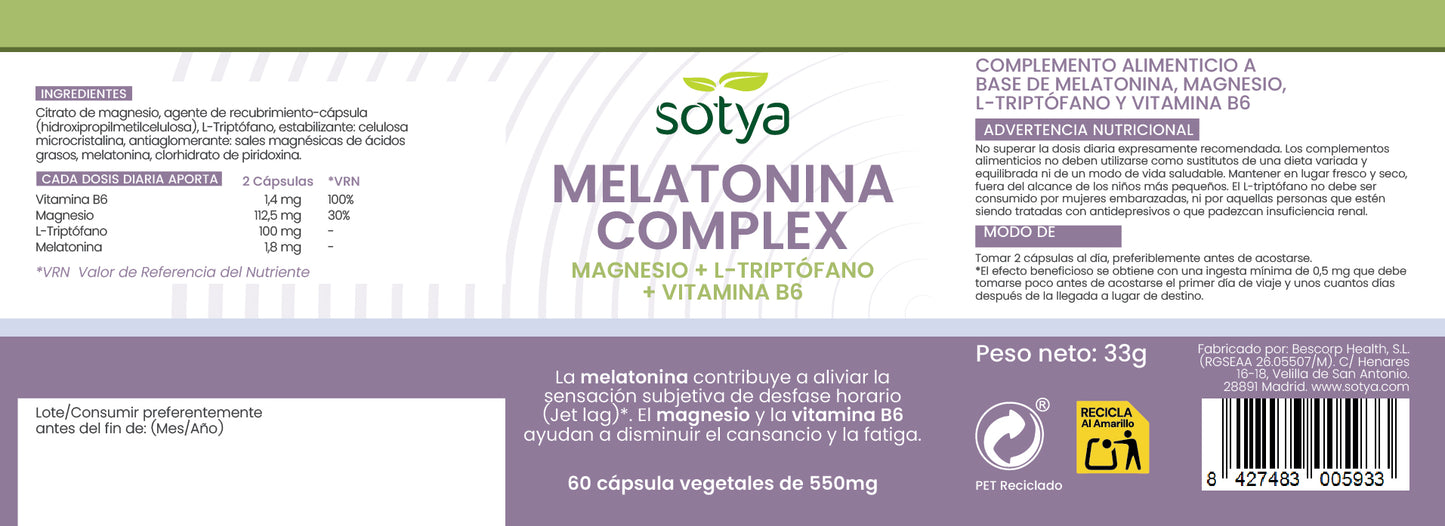 Melatonina Complex Magnesio + L-Triptófano + Vitamina B6 60 cápsulas vegetales de 550mg