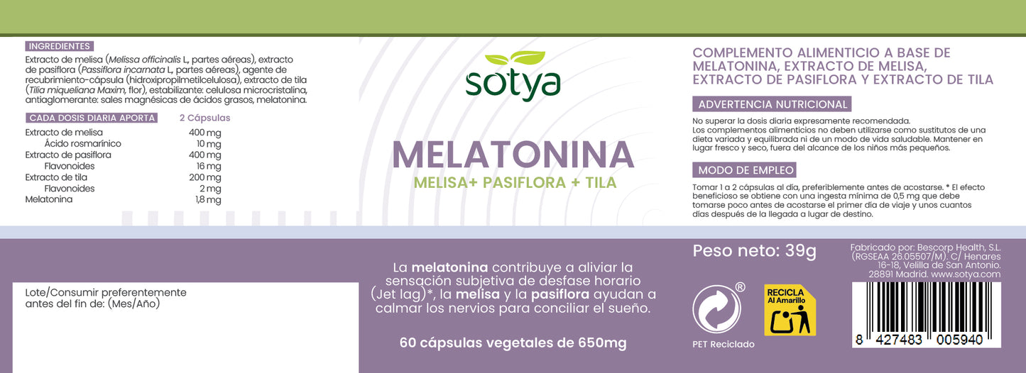 Melatonina Melissa + Pasiflora + Tila 60 cápsulas vegetales de 650mg