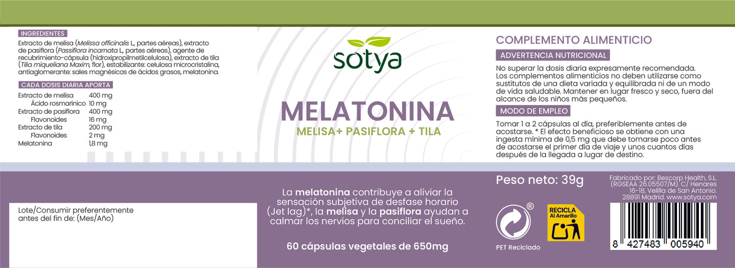 Melatonina Melissa + Pasiflora + Tila 60 cápsulas vegetales de 650mg
