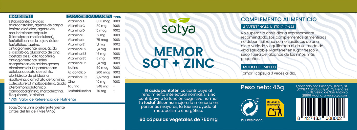 Memor SOT + Zinc 60 vegetable capsules of 750 mg