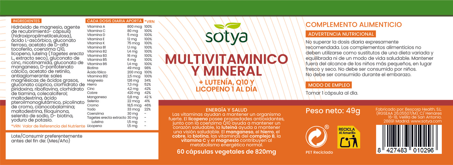 Multivitamínico y Mineral + Luteína, Q10 y Licopeno 1 al día 60 cápsulas vegetales de 820mg