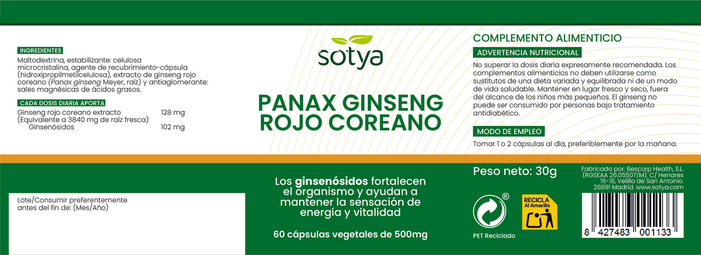 Korean Red Panax Ginseng 60 Vegetable Capsules of 500mg