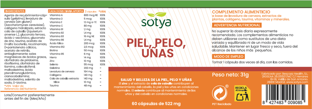 Piel, Pelo, Uñas 60 cápsulas de 522mg