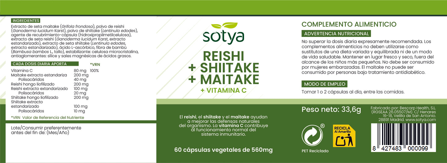 Reishi+Shiitake+Maitake+Vitamin C 60 vegetable capsules of 560mg