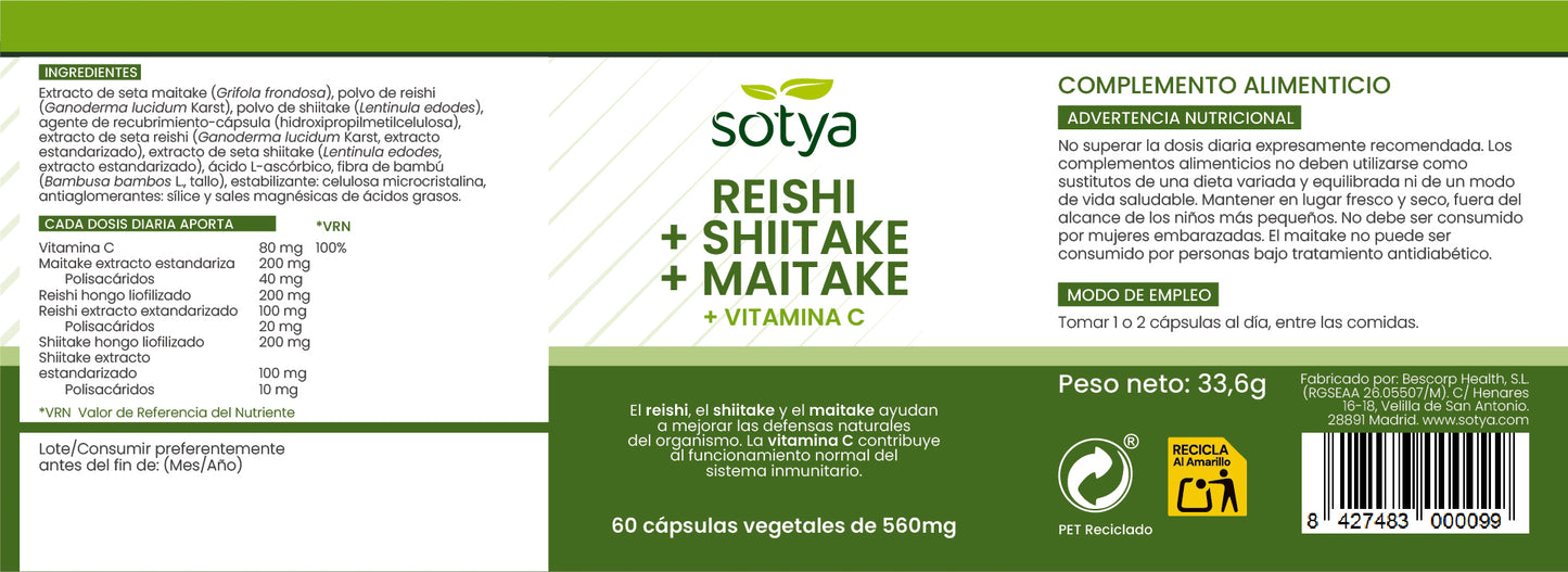 Reishi+Shiitake+Maitake+Vitamin C 60 vegetable capsules of 560mg