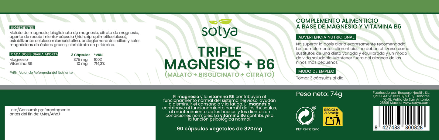 TRIPLE MAGNESIO + B6 (Malato + Bisglicinato + Citrato) 90 cápsulas vegetales de 820mg