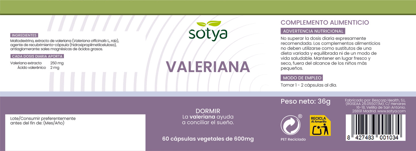 Valeriana 60 cápsulas vegetales de 600mg