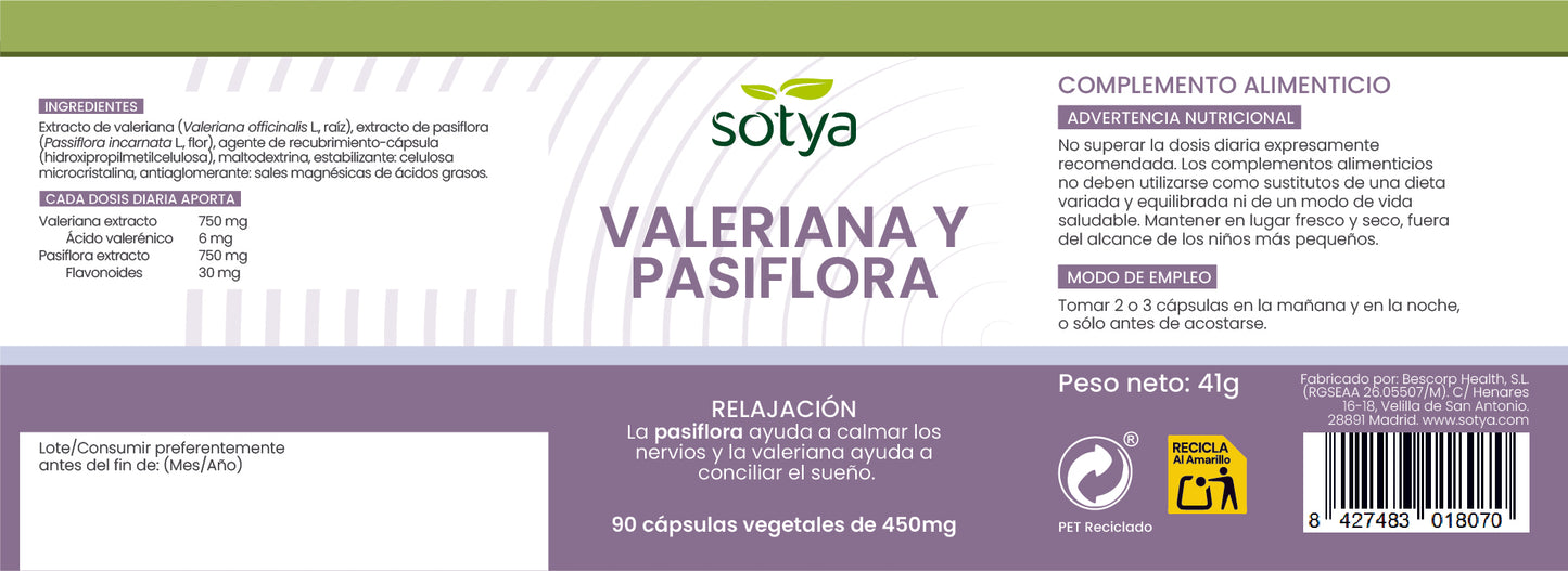 Valeriana y Pasiflora 90 cápsulas vegetales de 450mg