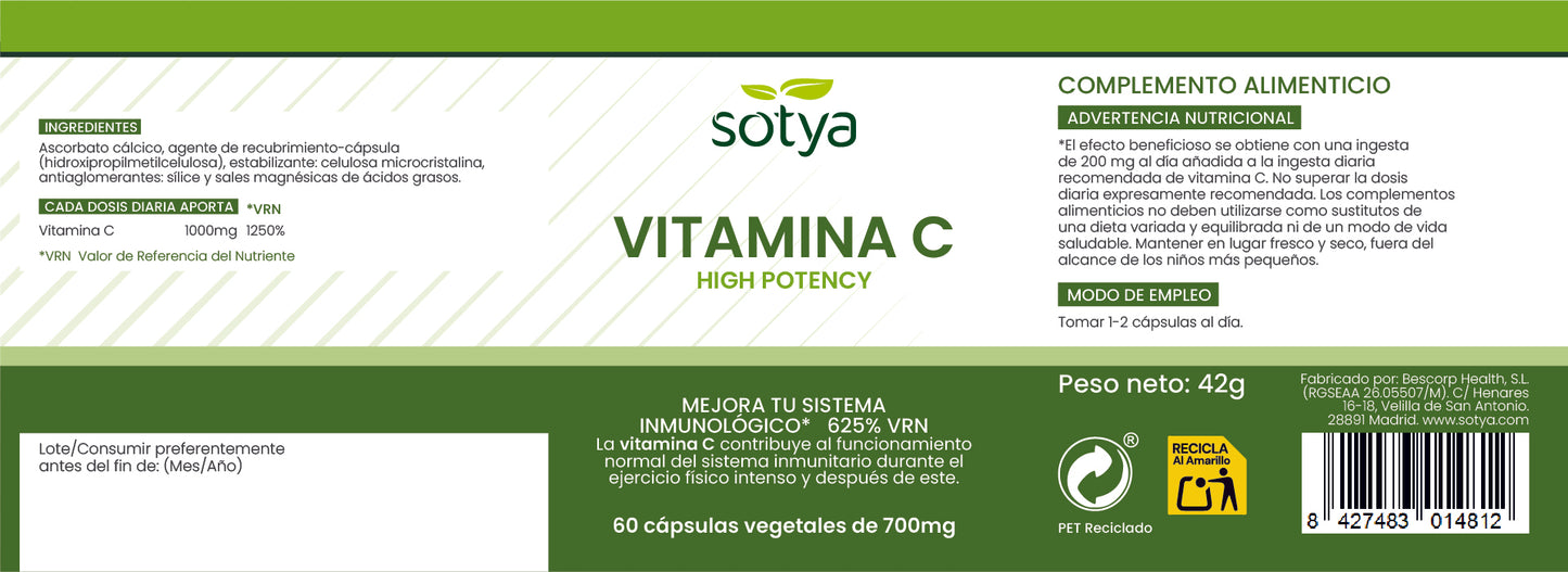 Vitamina C High Potency 60 cápsulas vegetales de 700mg