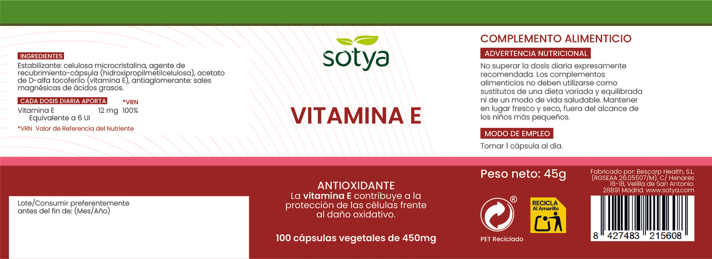 Vitamina E 100 cápsulas vegetales de 450mg