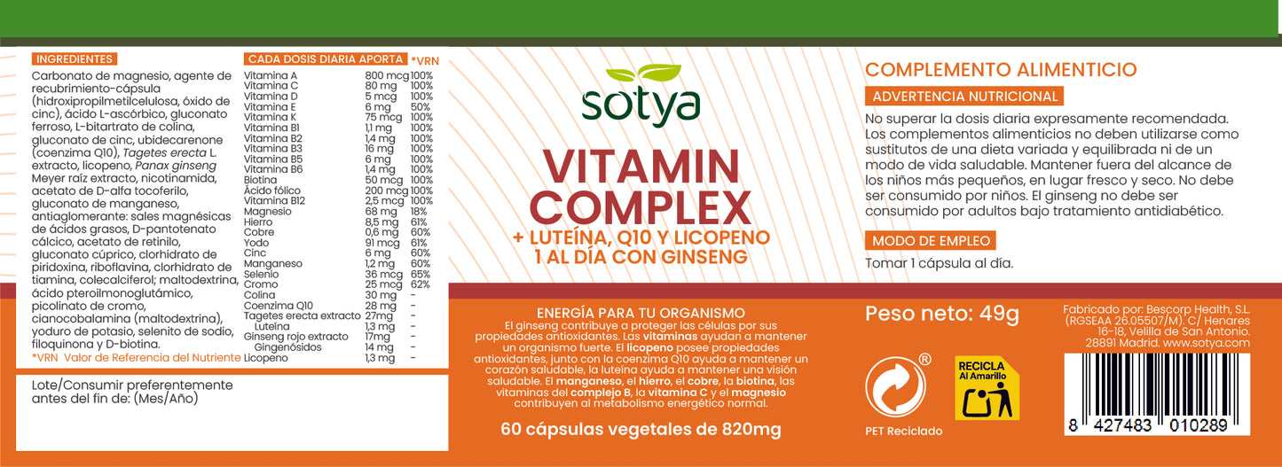 Vitamin Complex + Luteína, Q10 y Licopeno 1 al día con Ginseng 90 cápsulas vegetales de 820mg