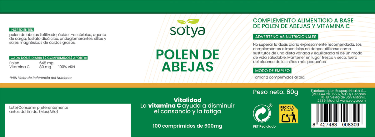 Polen de abejas 100 comprimidos de 600mg