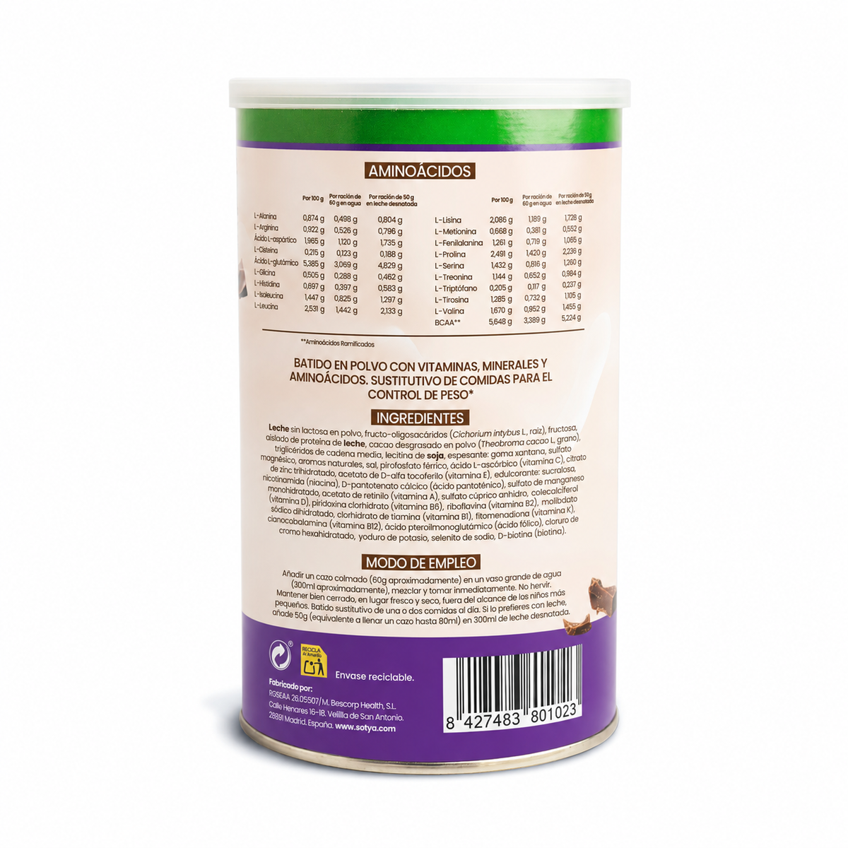 Batido sustitutivo Chocolate sin lactosa, 600g
