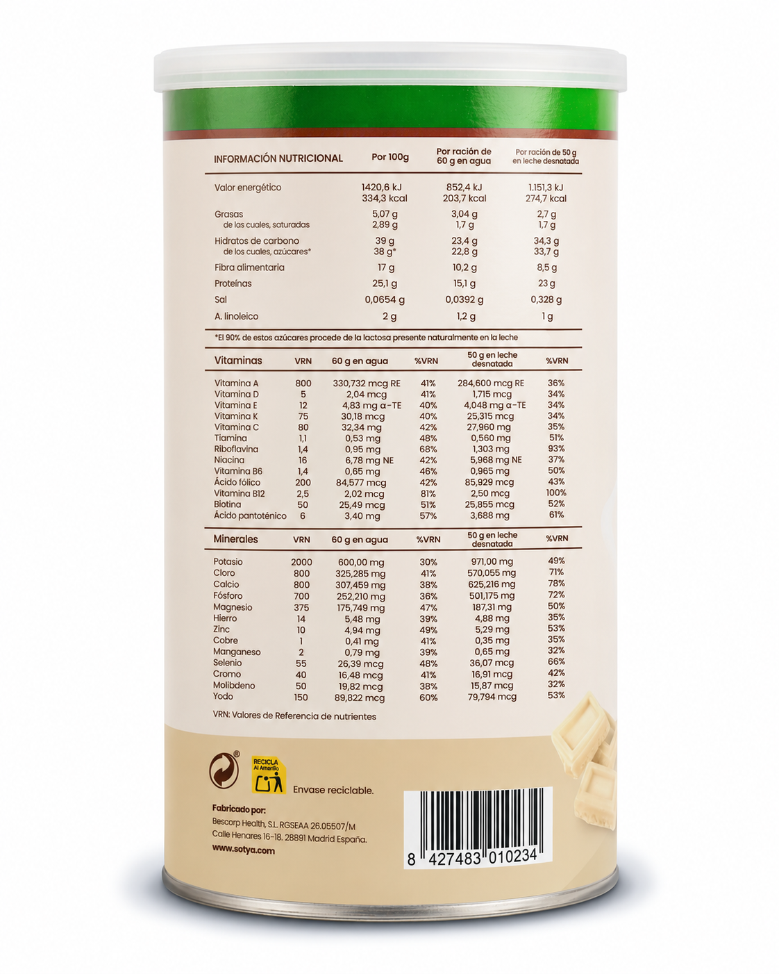 Batido sustitutivo Chocolate Blanco, 600g