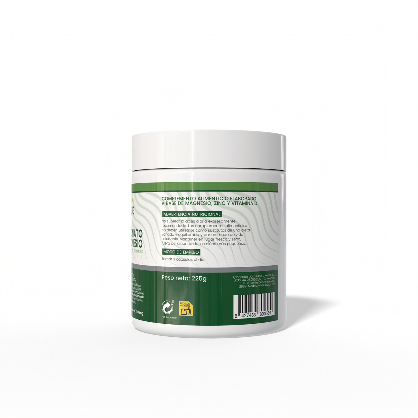 Bisglicinato de Magnesio Enriquecido con zinc y vitamina D 300 cápsulas vegetales de 750mg
