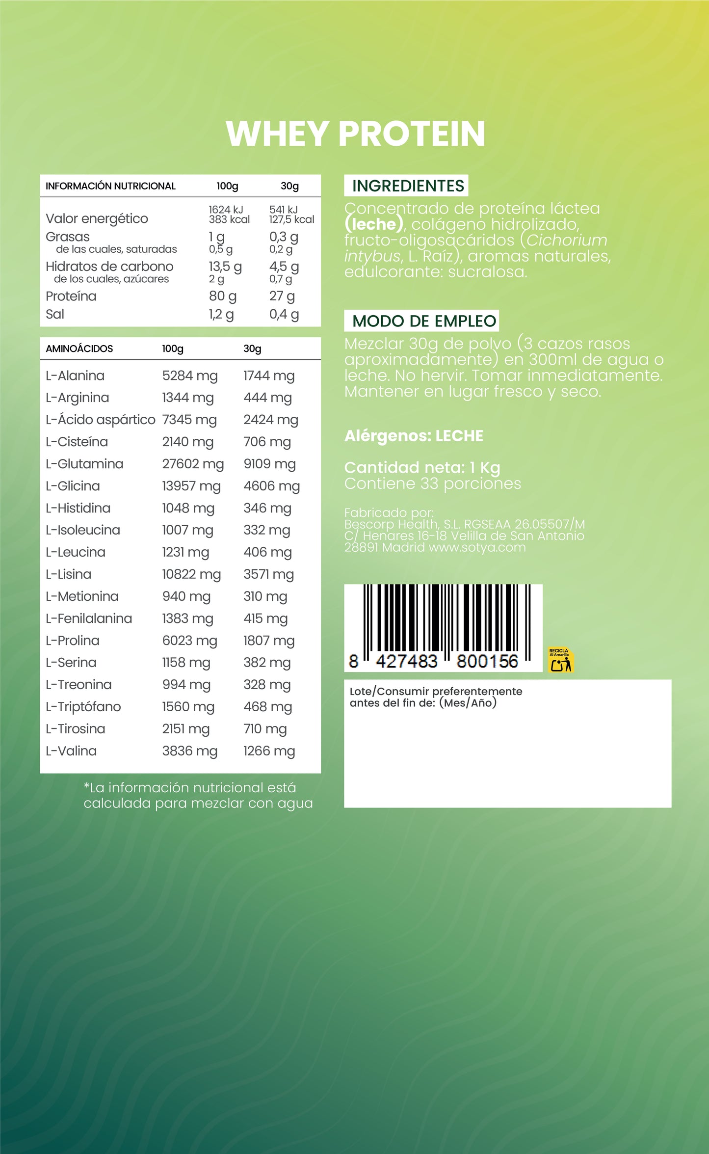 Whey Protein Vainilla, 1Kg