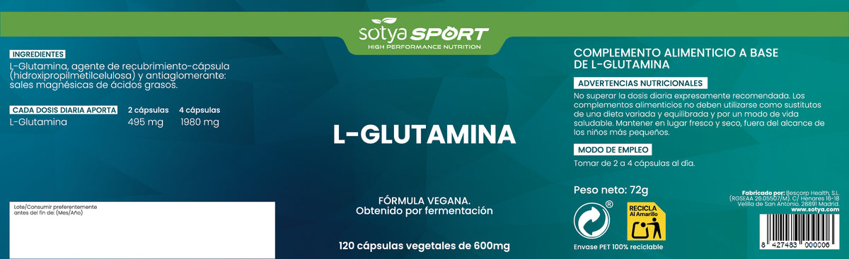L-Glutamina 120 cápsulas vegetales de 600mg