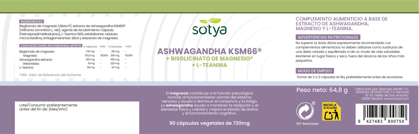 ASHWAGANDHA KSM66® + Bisglicinato de magnesio®+ L-Teanina 90 cápsulas de 720mg