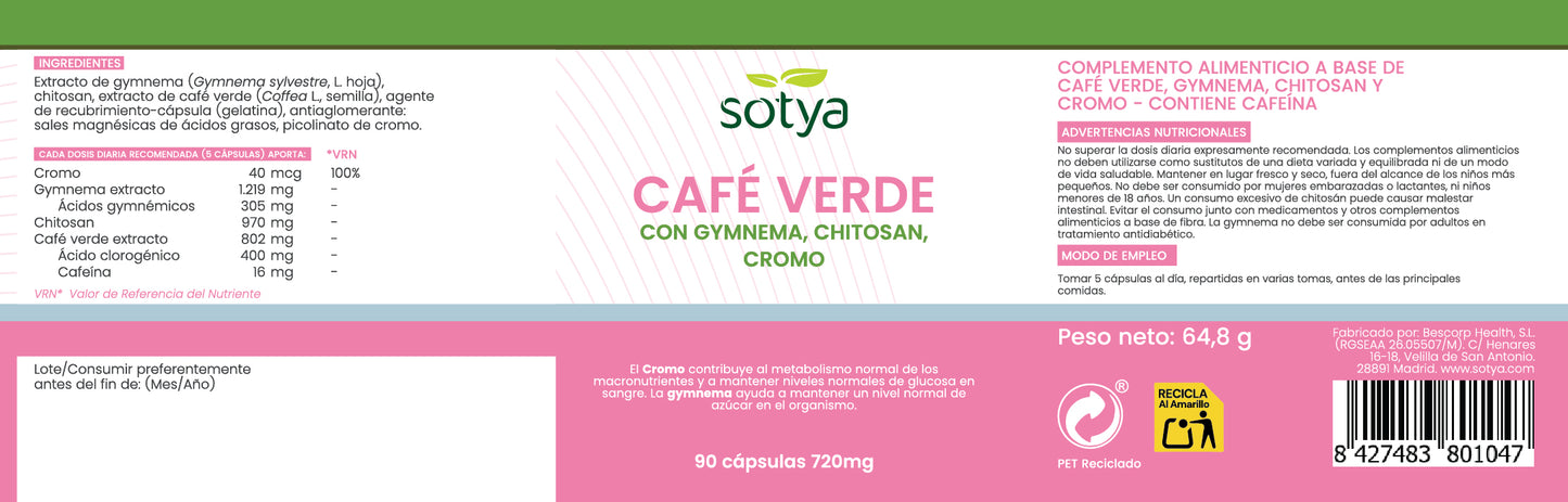 Café Verde con Gymnema, Chitosan y Cromo 90 cápsulas de 720 mg