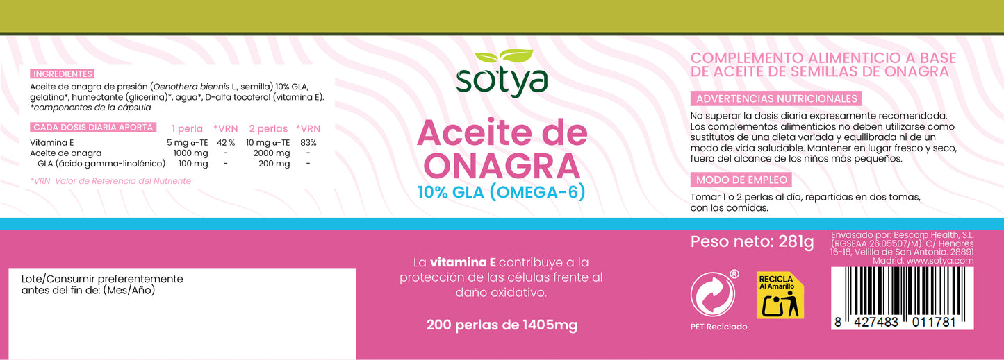 Aceite de Onagra 200 perlas de 1405mg