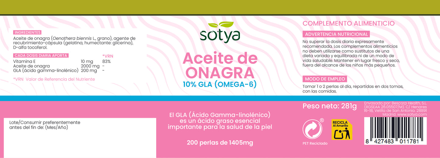 Aceite de Onagra 200 perlas de 1405mg