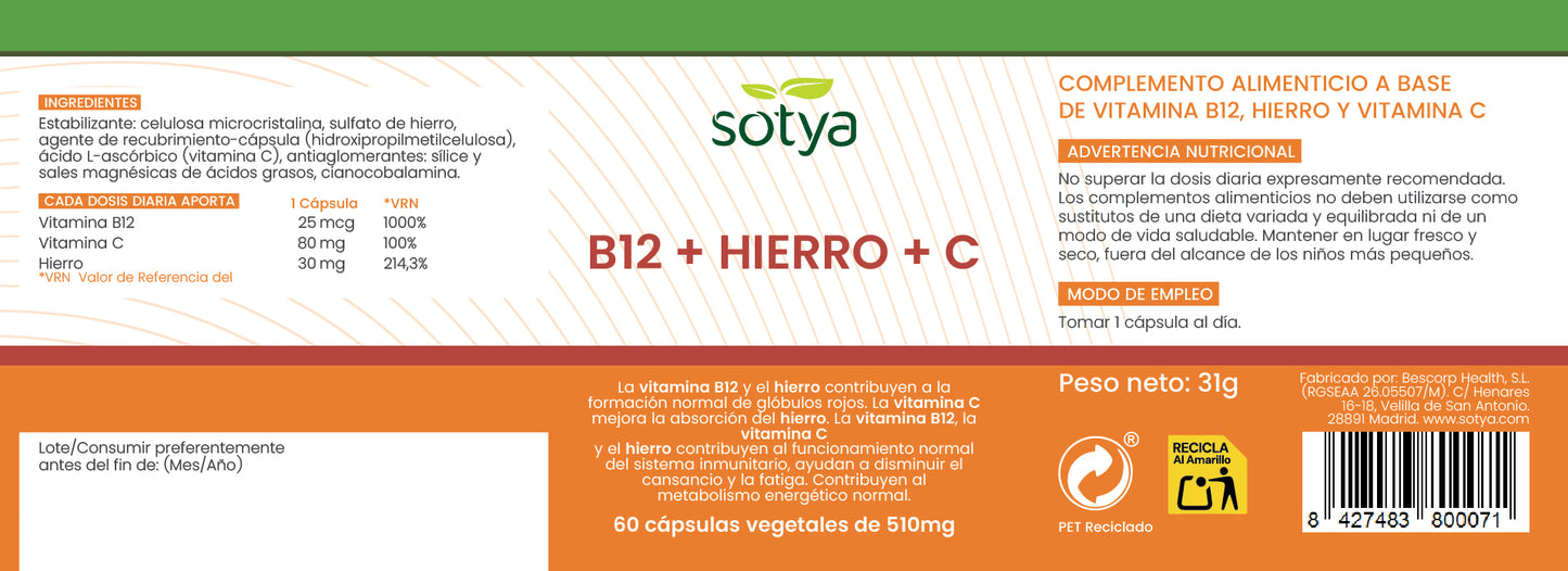 B12 + Hierro + C 60 cápsulas vegetales de 510mg