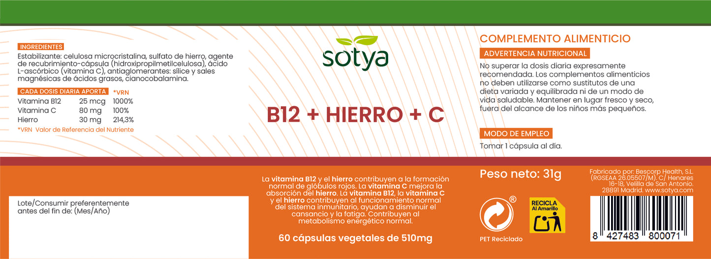 B12 + Hierro + C 60 cápsulas vegetales de 510mg