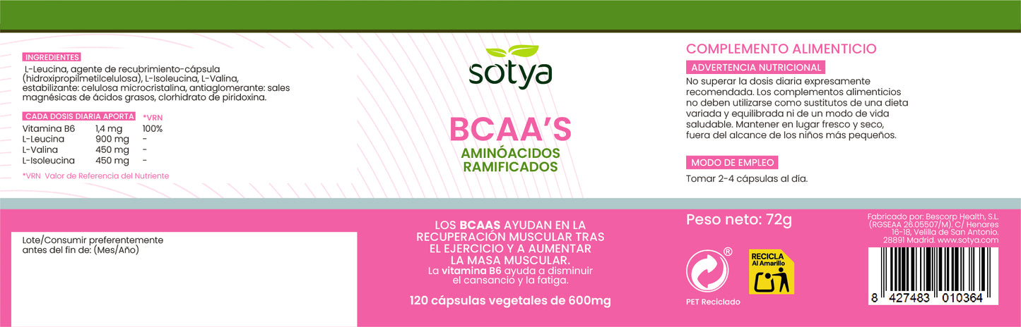 BCAA´S Aminoácidos Ramificados 120 cápsulas vegetales de 600mg