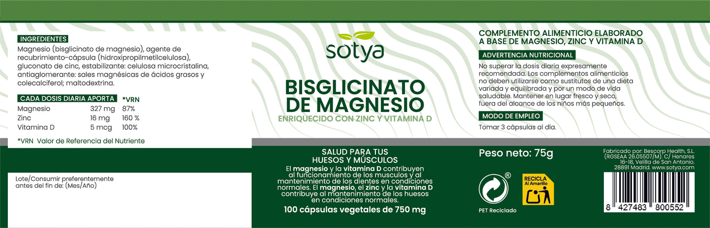 Bisglicinato de Magnesio Enriquecido con zinc y vitamina D 100 cápsulas vegetales de 750mg