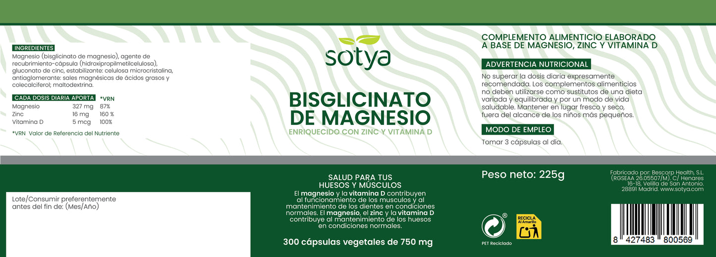 Bisglicinato de Magnesio Enriquecido con zinc y vitamina D 300 cápsulas vegetales de 750mg