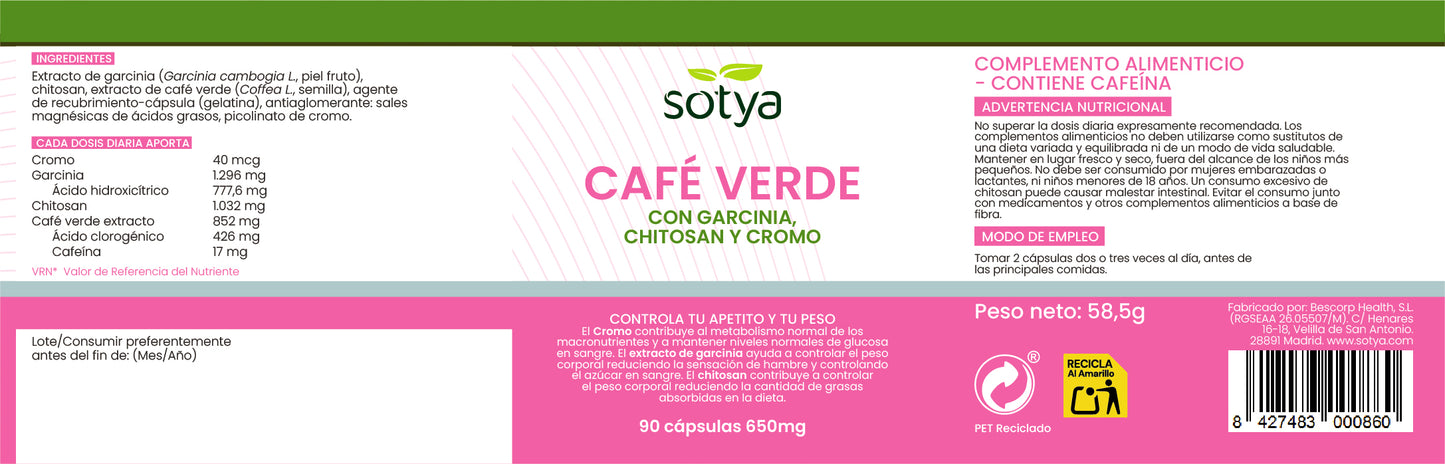 Café Verde con Garcinia, Chitosán y Cromo 90 cápsulas de 650mg