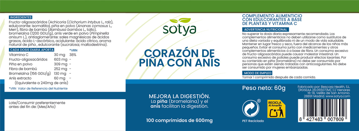 Corazón de piña con anís 100 comprimidos de 600mg