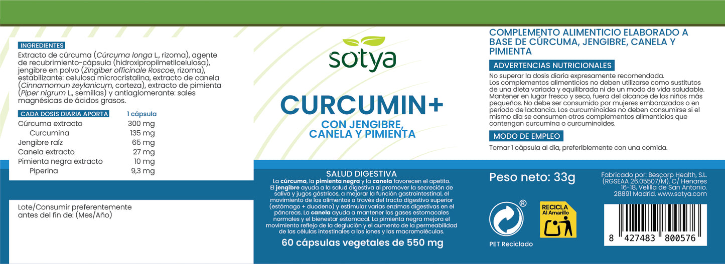 CURCUMIN+ con Jengibre, Canela y Pimienta 60 cápsulas vegetales de 550mg