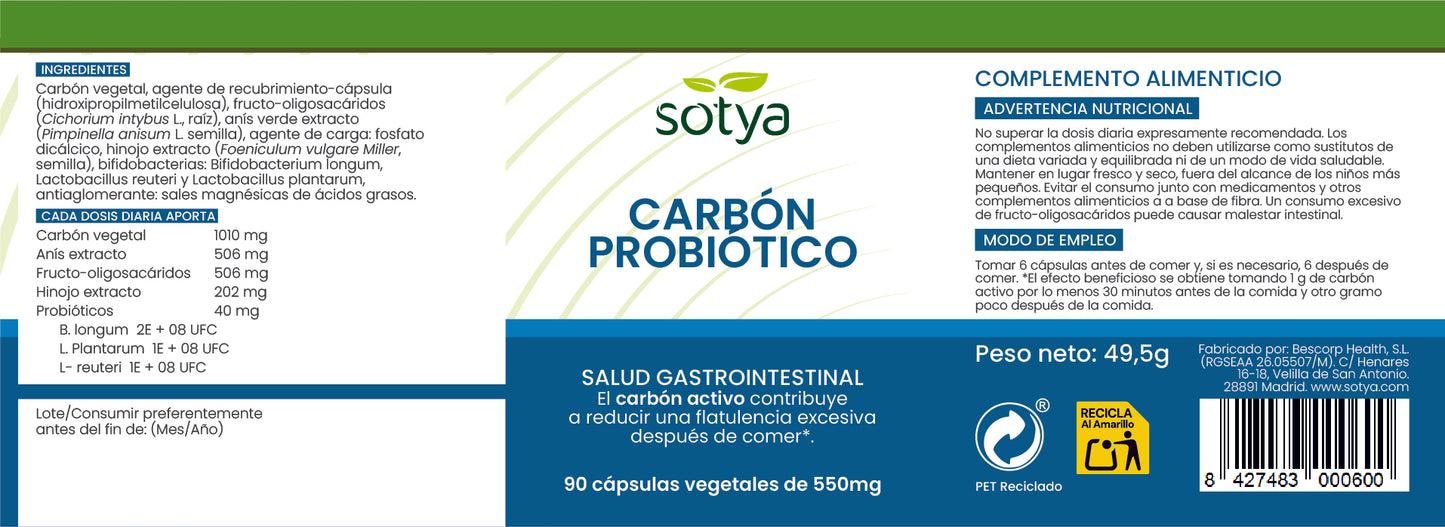 Carbón probiótico 90 cápsulas vegetales de 550mg