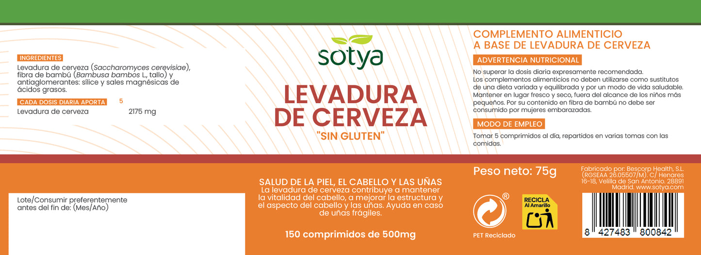 LEVADURA DE CERVEZA "Sin gluten" 150 comprimidos 500mg