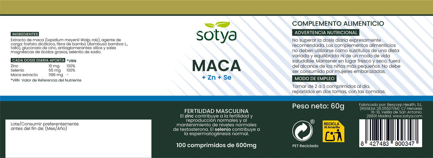 Maca + Zn + Se 100 comprimidos de 600mg