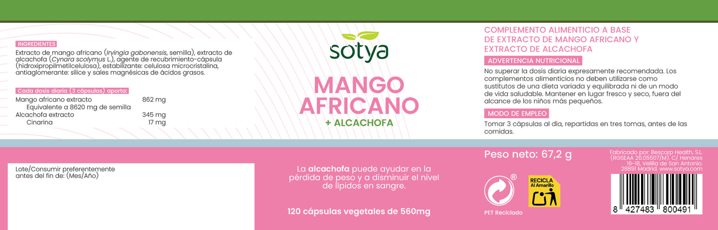 Mango africano + Alcachofa 120 cápsulas vegetales de 560mg