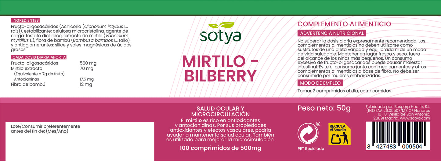 Mirtilo 100 comprimidos de 500mg