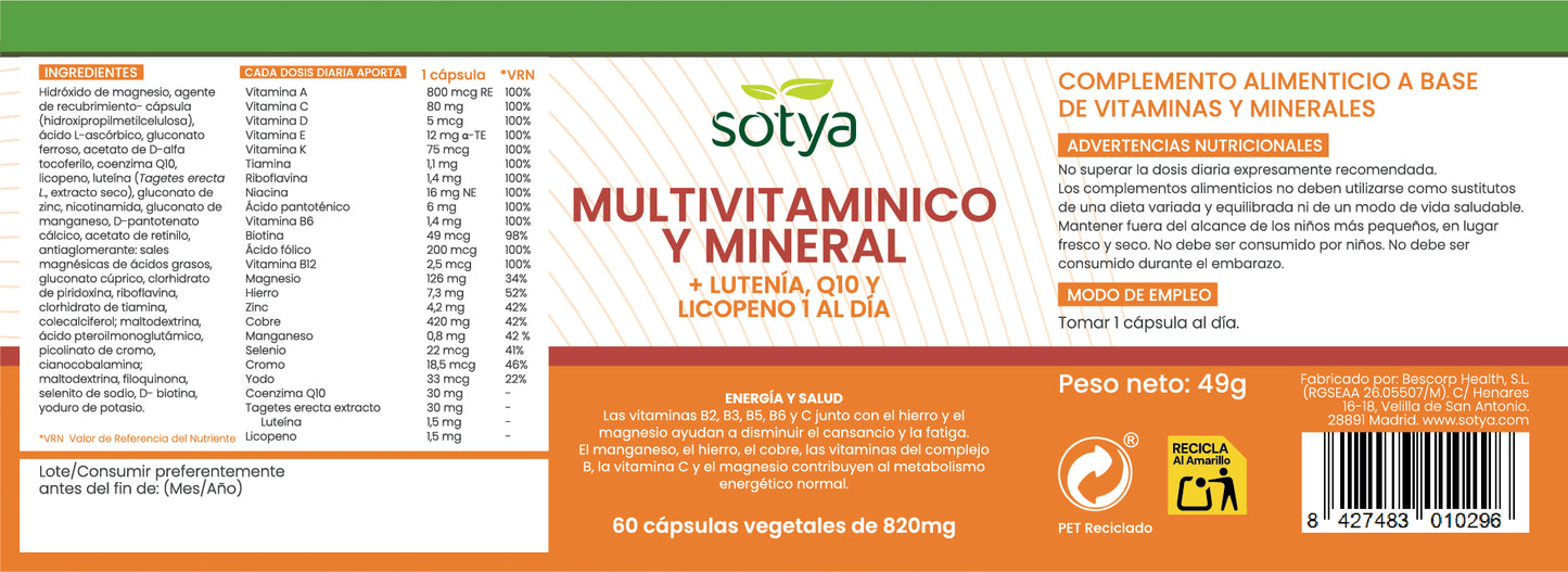 Multivitamínico y Mineral + Luteína, Q10 y Licopeno 1 al día 60 cápsulas vegetales de 820mg